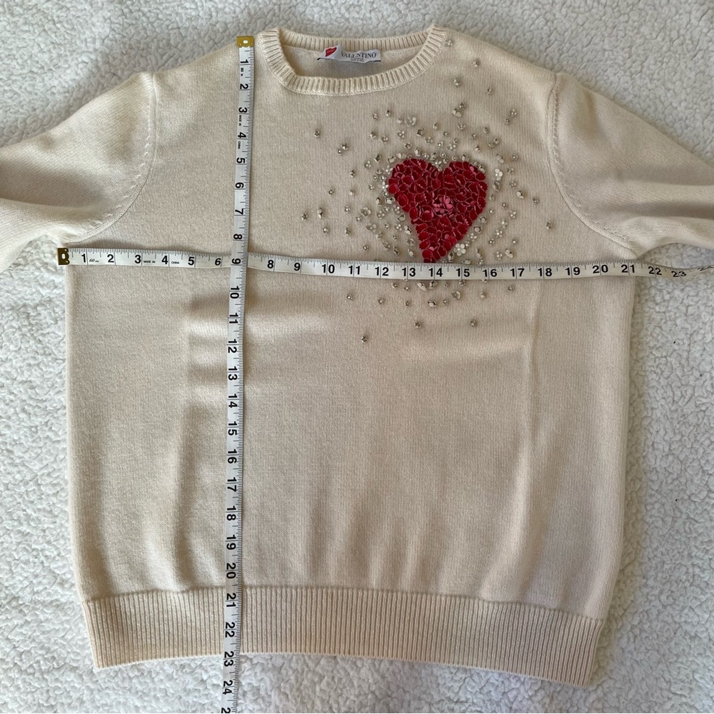 Valentino L’Amour Ivory 100% Cashmere Sweater Red Floral Heart Leather Italy - Picture 12 of 16
